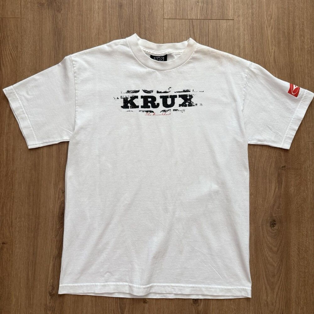 Y2K KRUX Skateboards NHS T Shirt White Distressed Logo Skate Tee Medium